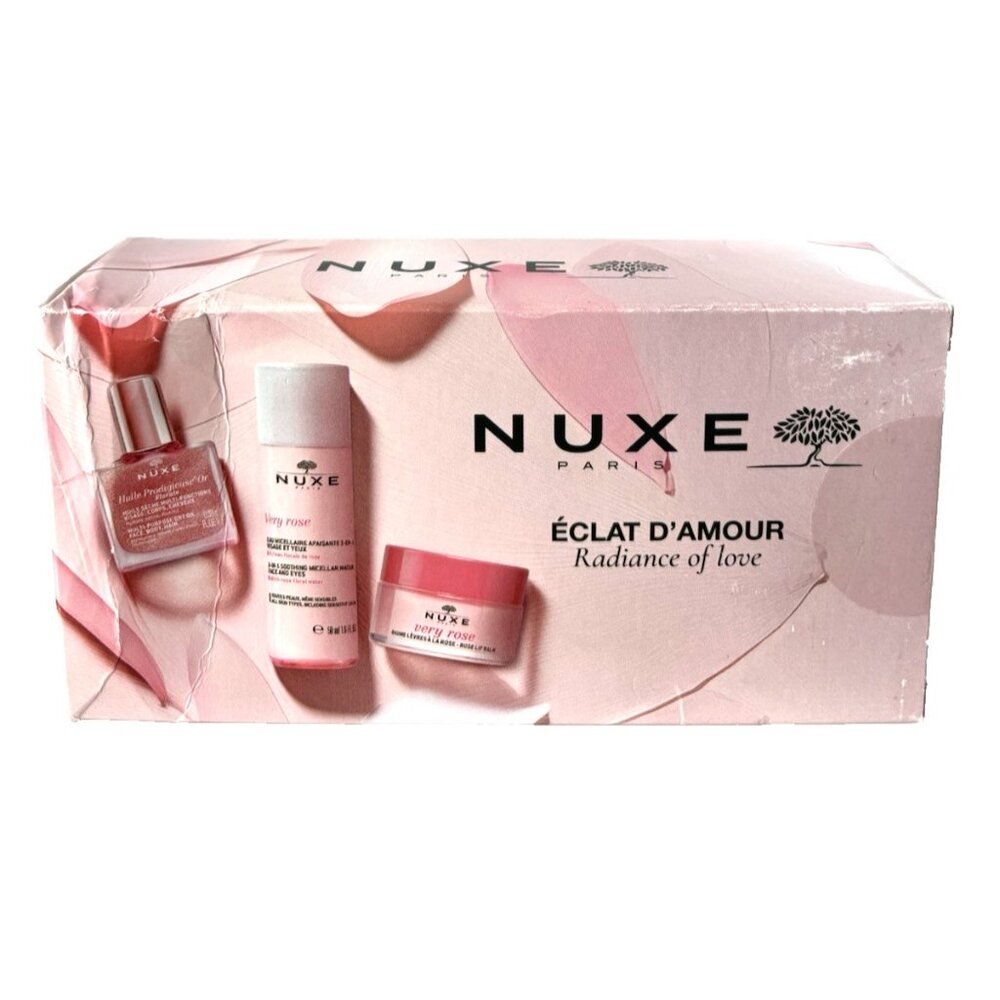 NUXE Éclat d'amour Radiance of Love Rose Gift Set,Oil, Micellar, Lip,Box Damaged